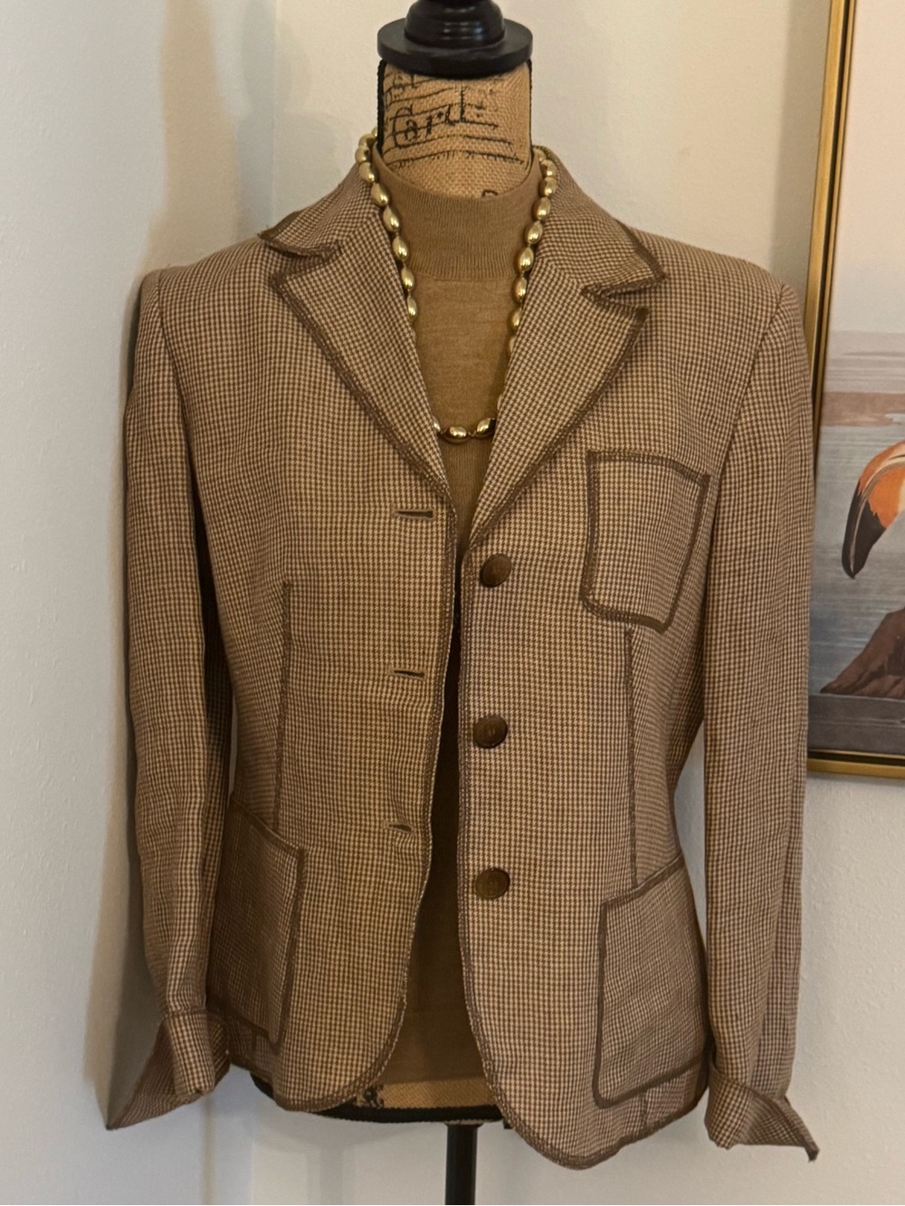 🤎🤍 VINTAGE ANNE KLEIN BLAZER IN A BROWN AND CREAM CHECK LINEN FABRIC! 🤎🤍